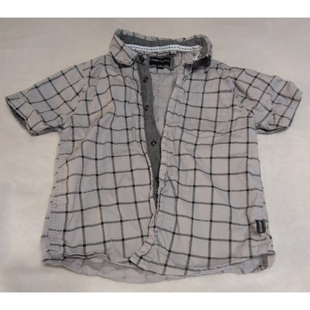 Kenneth Cole Button Down Shirt Boys‎ 7 Grey Black Windowpane Good Short Sleeve